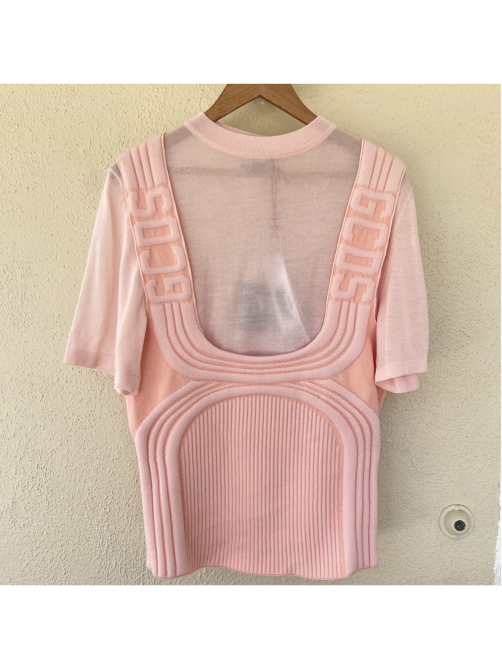New GCDS Pink Wool Knit Logo Cutout Ribbed Sweater Top Women’s Size Medium Italy